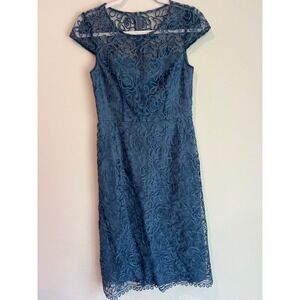 Oleg Cassini Cap Sleeve Lace Sheath Dress Blue Size 6 Wedding Cocktail Formal
